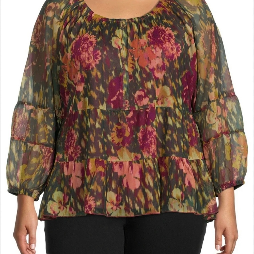 Terra & Sky Women's Plus Size Print Mesh Peasant Top 3X